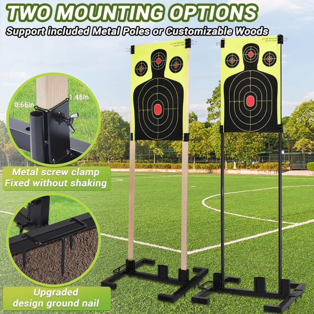 Shooting Target Stand Set, Adjustable Shooting Target Base with Shooting Paper Targets, Two Mounting Options for Shooting Outdoors, Paper Target Holder Including Metal Poles and Ground Nails