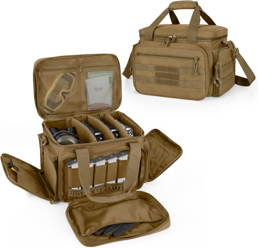 DSLEAF Tactical Gun Range Bag for 4 Handguns, Pistol Shooting Range Bag with 6X Magazine Slots and Extra Pockets for Ammo and Essentials