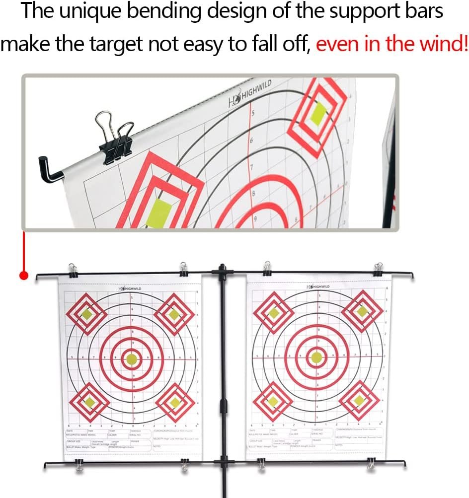 Highwild Adjustable Paper Target Stand, Frame with 8 Clips | Clear Bullseye Targets Sheet for Shooting Practice
