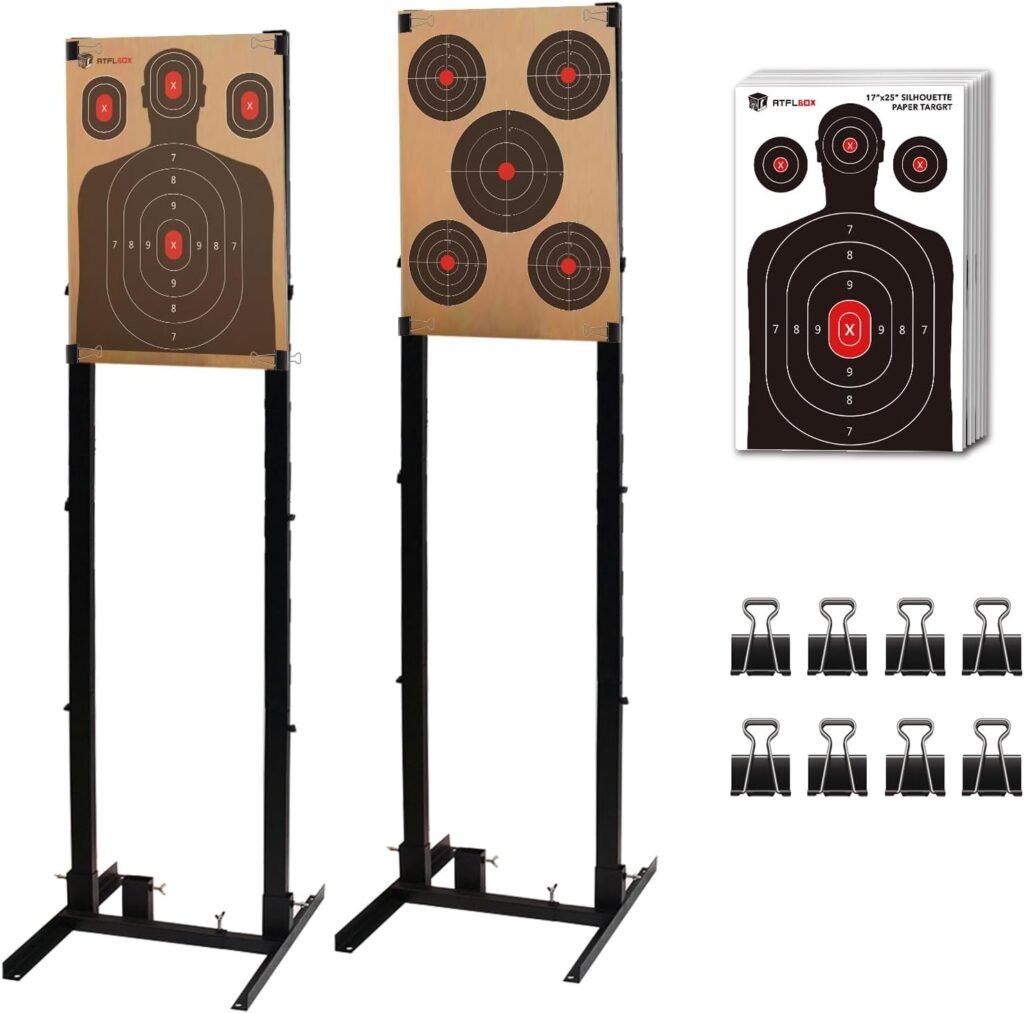 Shooting Target Stand with 10pcs 17x25 Inch Paper Targets, Durable Paper Target Holder with Stable Adjustable Base for Cardboard Silhouette, H Shape, USPSA/IPSC, IDPA Practice