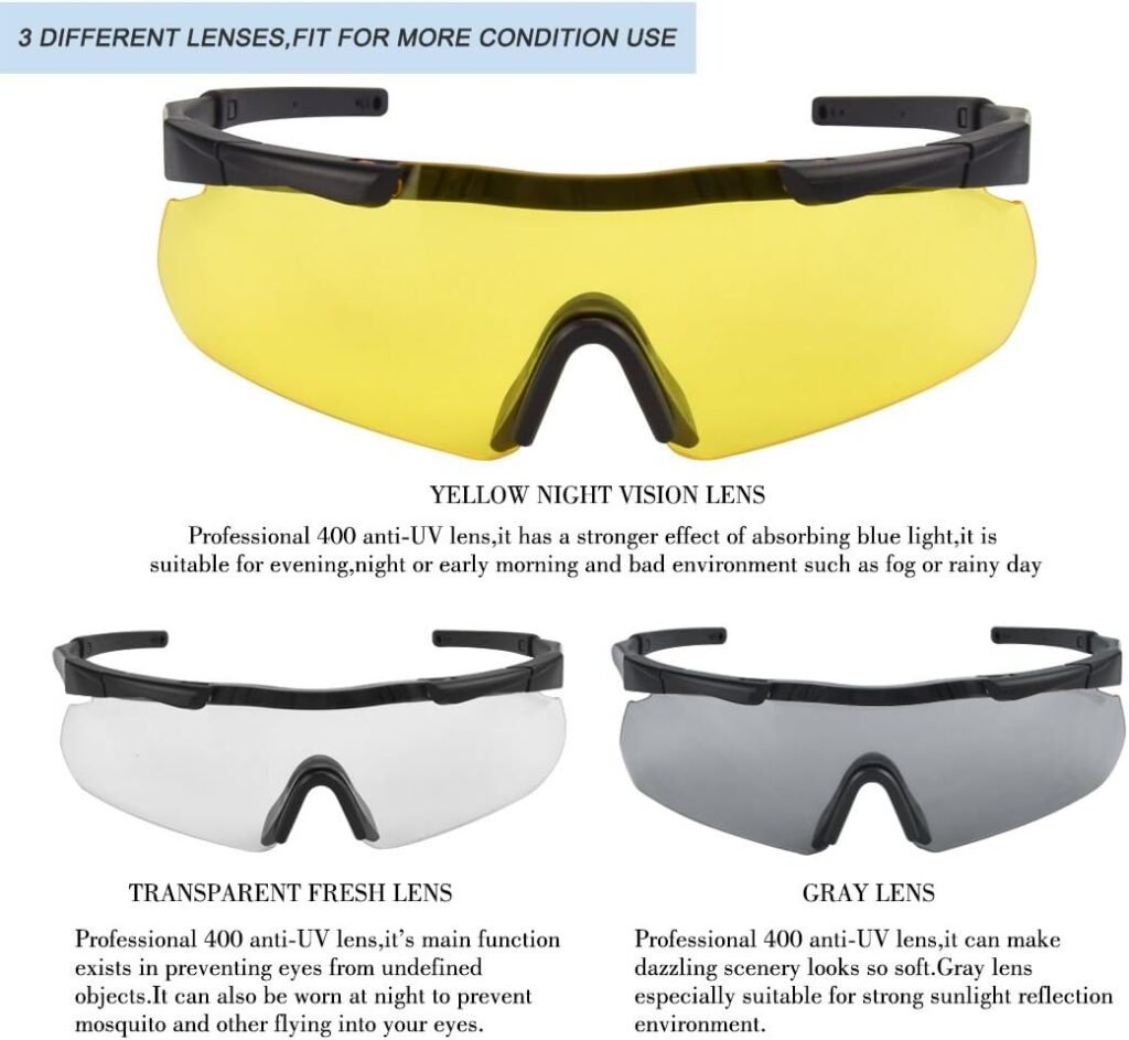 xaegistac Tactical Eyewear 3 Interchangeable Lenses Outdoor Unisex Shooting Glasses (Black Frame)