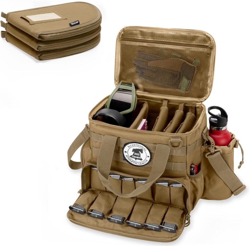 DSLEAF Tactical Gun Range Bag with 3 Pistol Cases, Gun Duffle Range Bag with 12X Magazine Slots and Extra Pockets for Shooting and Hunting (Patent Design)