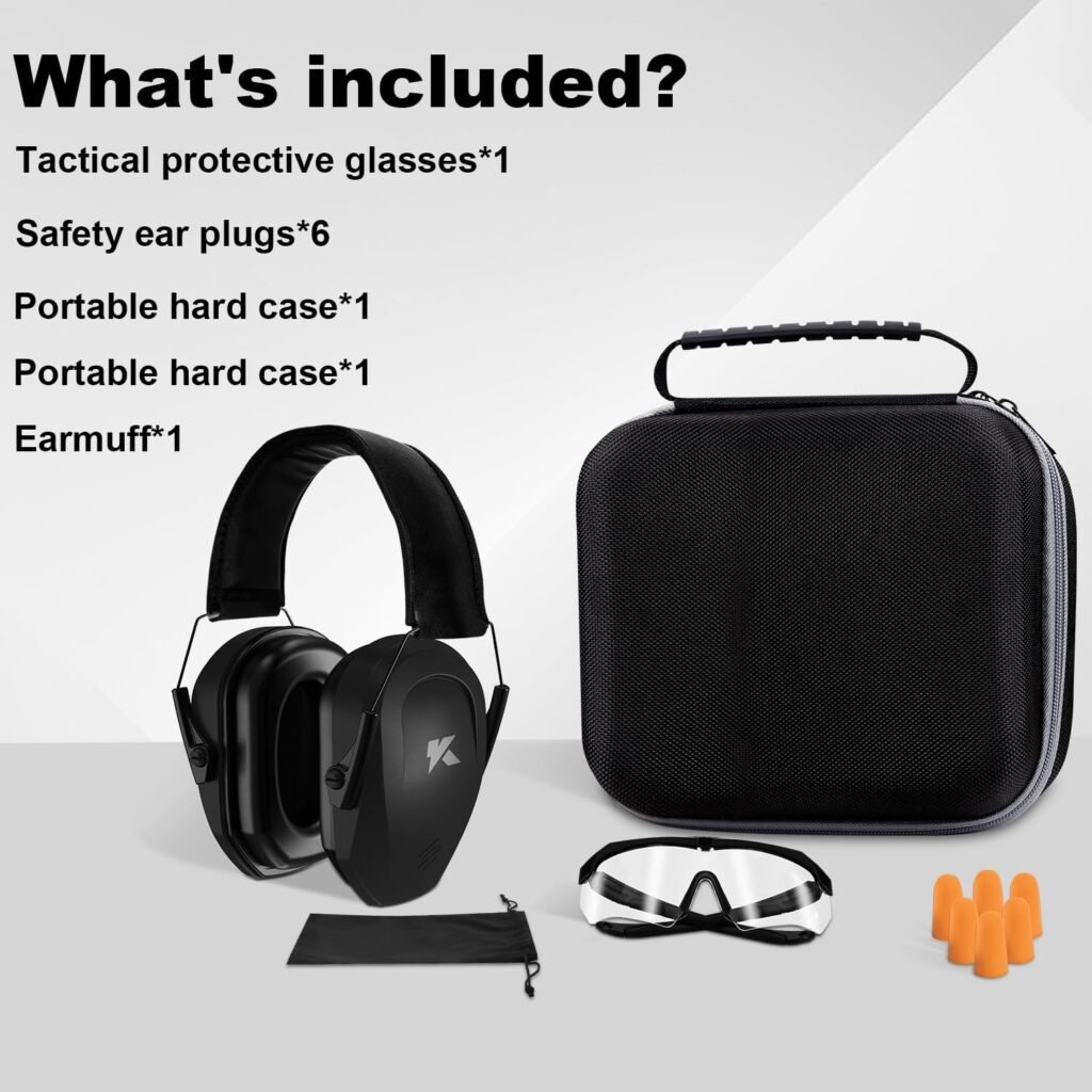 34dB Shooting Ear Protection Set- Maximum Hearing Protection for Gun Range, Eye Protection for Shooting, 3x Earplugs and Hard Case, Slim Passive Noise Reduction Earmuffs（Black）