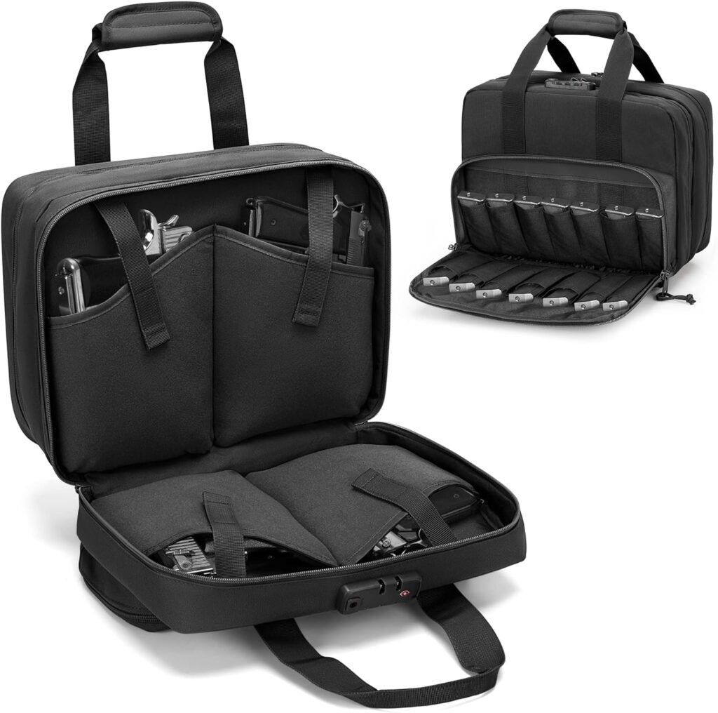 Tactical Gun Range Bag for 4 Handguns and Ammo, Pistol Duffle Bag with TSA Lock and 14x Magazine Slots for Hunting Shooting Range Sport