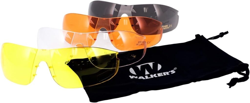 Walkers Sport Glasses with 4 Interchangeable Lens, Impact-Resistant Durable Hunting Shooting Eye Safety Combo Kit - Includes Storage Pouch, Sleeve  Weatherproof Case