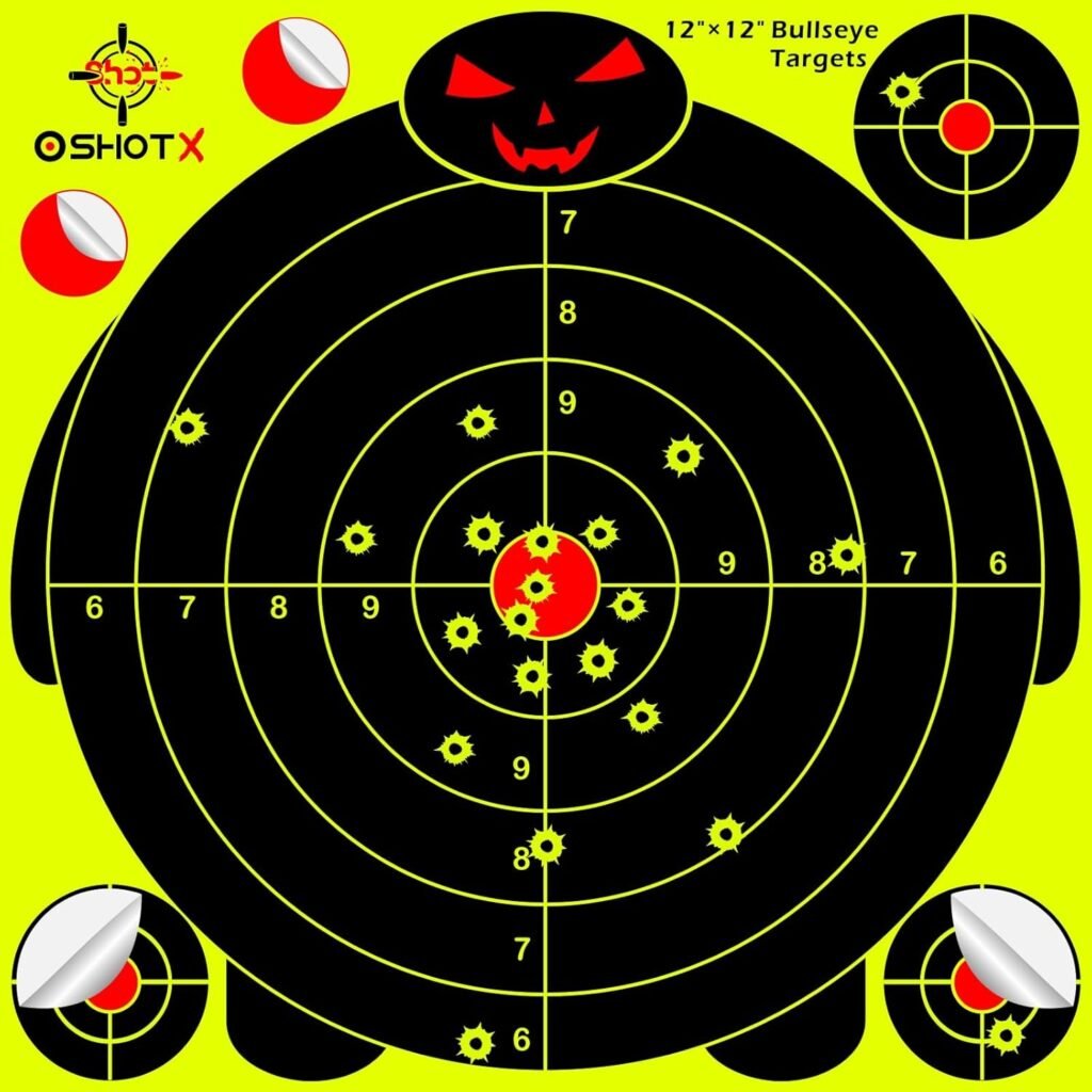 Shooting Targets Paper 12 x12 inch Reactive Self Adhesive Bullseye Hunting Target for Range, Airsoft, BB Gun, Rifle, Pistol, Bow Arrow