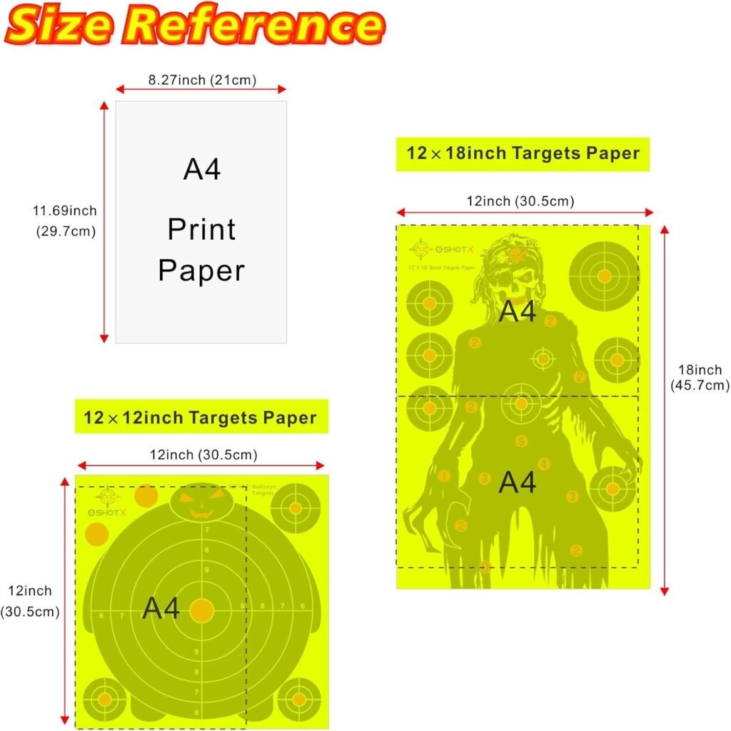 Shooting Targets Paper 12 x12 inch Reactive Self Adhesive Bullseye Hunting Target for Range, Airsoft, BB Gun, Rifle, Pistol, Bow Arrow