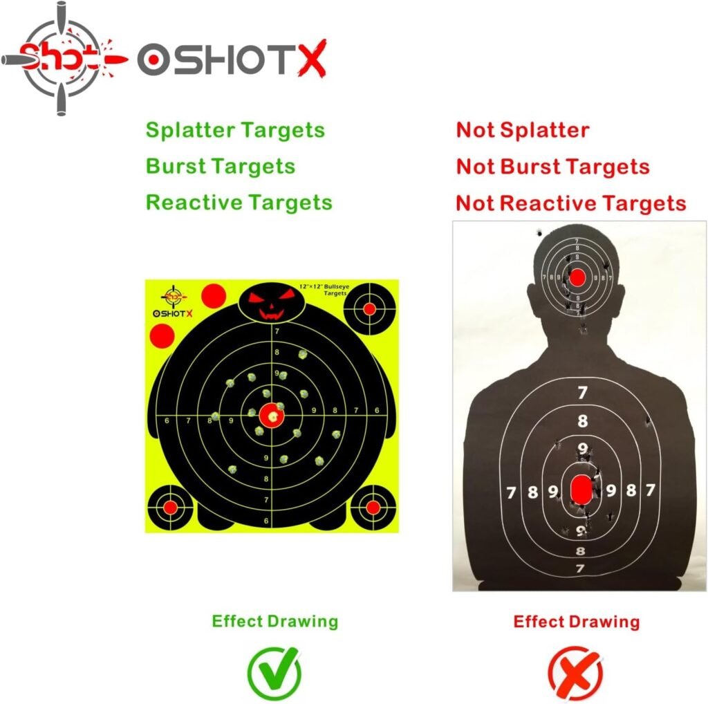 Shooting Targets Paper 12 x12 inch Reactive Self Adhesive Bullseye Hunting Target for Range, Airsoft, BB Gun, Rifle, Pistol, Bow Arrow