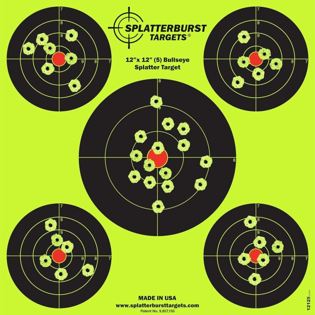 Splatterburst Targets - 12 x12 inch (5) Bullseye Reactive Shooting Target - Shots Burst Bright Fluorescent Yellow Upon Impact - Gun - Rifle - Pistol - AirSoft - BB Gun - Air Rifle