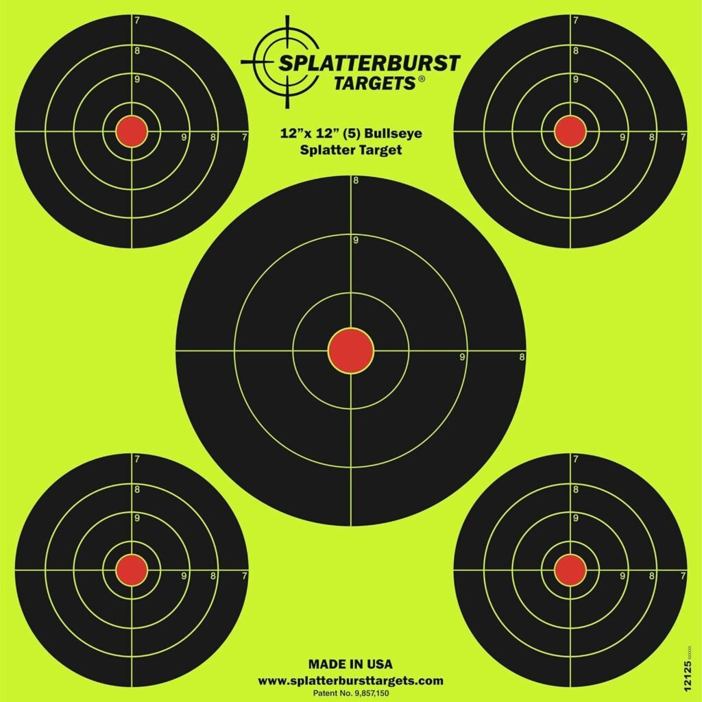 Splatterburst Targets - 12 x12 inch (5) Bullseye Reactive Shooting Target - Shots Burst Bright Fluorescent Yellow Upon Impact - Gun - Rifle - Pistol - AirSoft - BB Gun - Air Rifle