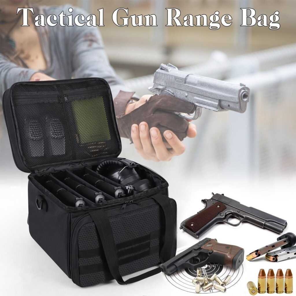 Tactical Gun Range Bag for 4 Handguns, Pistol Shooting Bag Gun Case Bag Handgun Range Duffle Bag for Shooting Range Outdoor Hunting, Gun Carrying Bag with 6X Magazine Slots (Patent Pending)